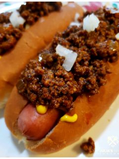 Classic Southern style hot dog topped with chili sauce