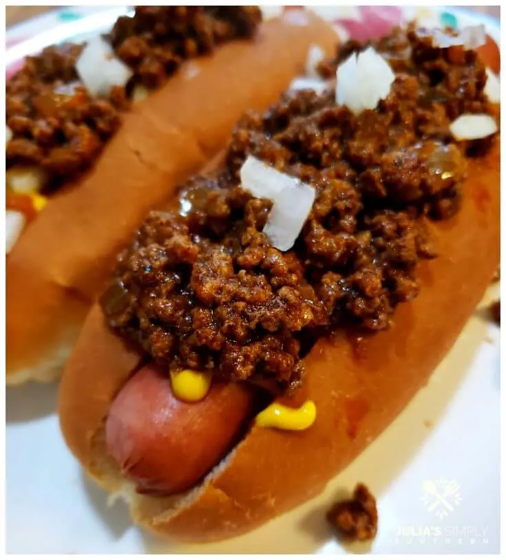 Classic Southern style hot dog topped with chili sauce