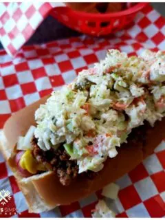 Best southern style hot dogs recipe topped with creamy coleslaw
