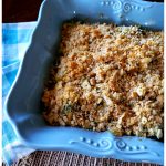 Classic Broccoli Casserole Recipe with Ritz Crackers in a square teal casserole dish