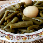 Canned Green Beans Recipe with Potatoes in a vintage floral serving bowl