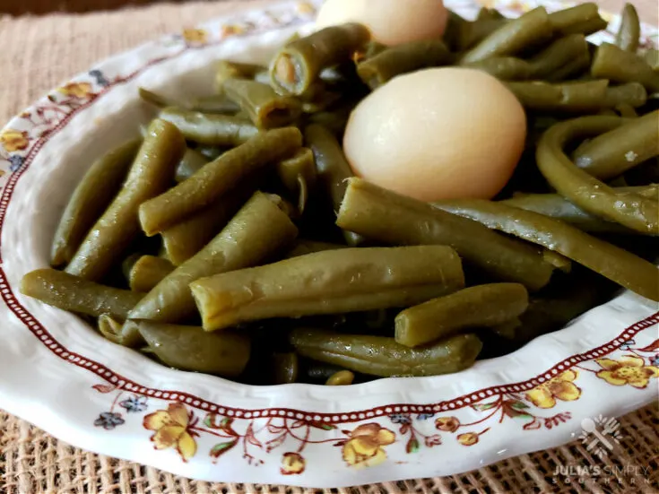 Canned Green Beans Recipe with Potatoes in a vintage floral serving bowl