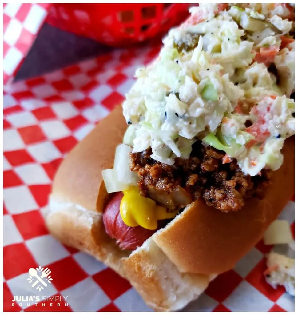 Basket with a Carolina style hot dog with slaw