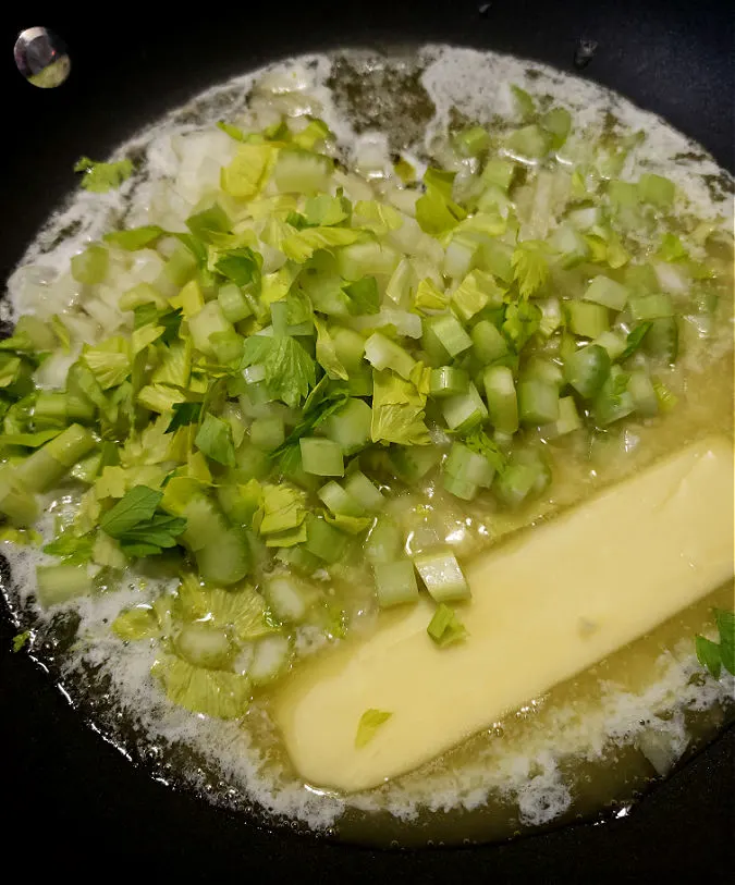 melted butter, celery and onion in a skillet