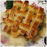 Easy chicken pot pie recipe topped with optional lattice puff pasty