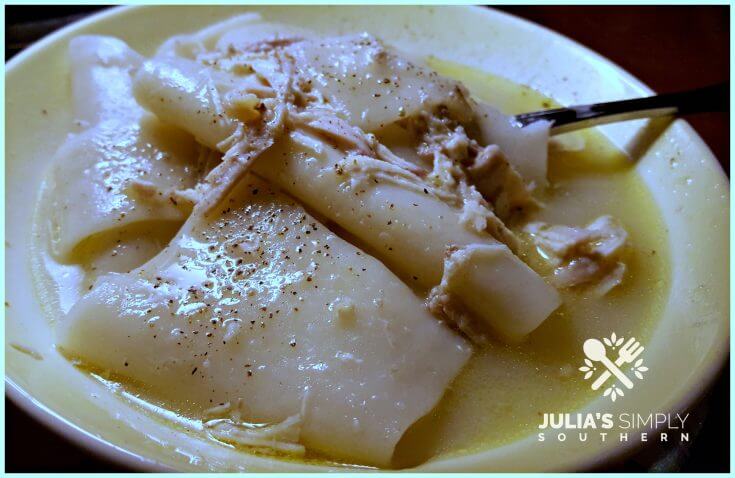 Southern Style Chicken and Dumplings with thin pastry noodle like dumplings