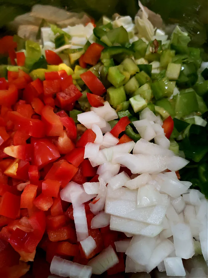 Chopped vegetables in a large mixing bowl