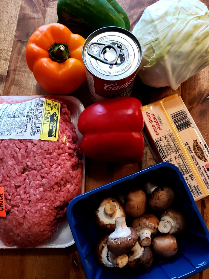 ingredients to make cheesy ground beef and cabbage casserole recipe