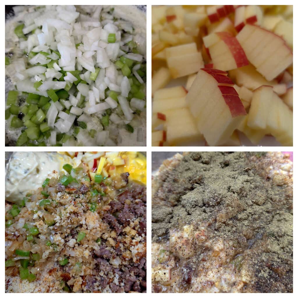 Second collage of steps for preparing this cornbread dressing recipe with sausage and apples