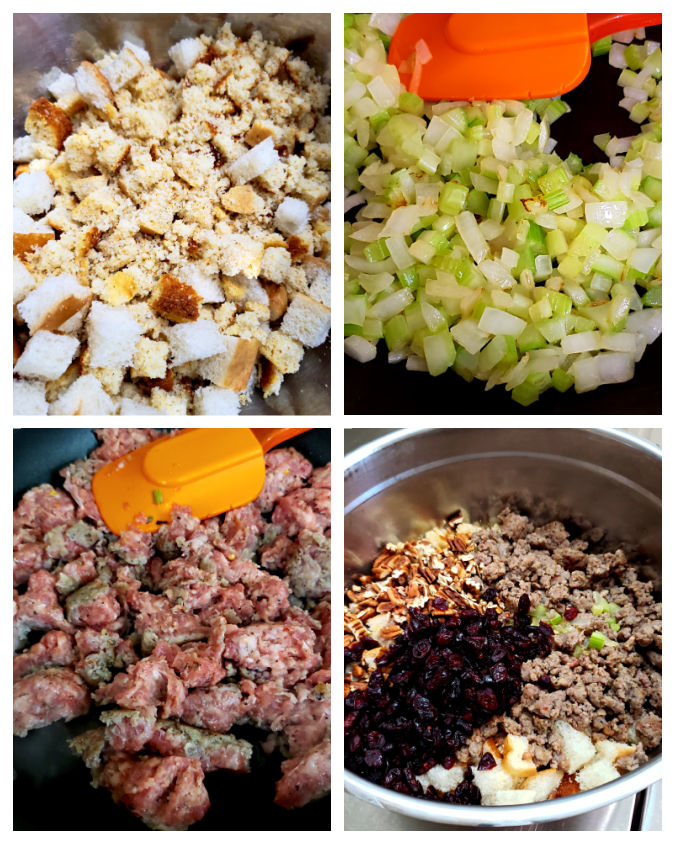 recipe step collage for cornbread stuffing with sage sausage, cranberries, and pecans