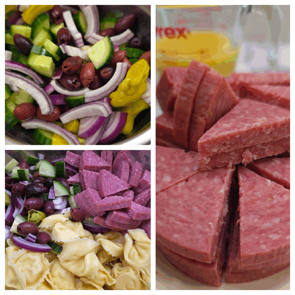 Collage steps for preparing a cold summer pasta salad with tortellini pasta and salami
