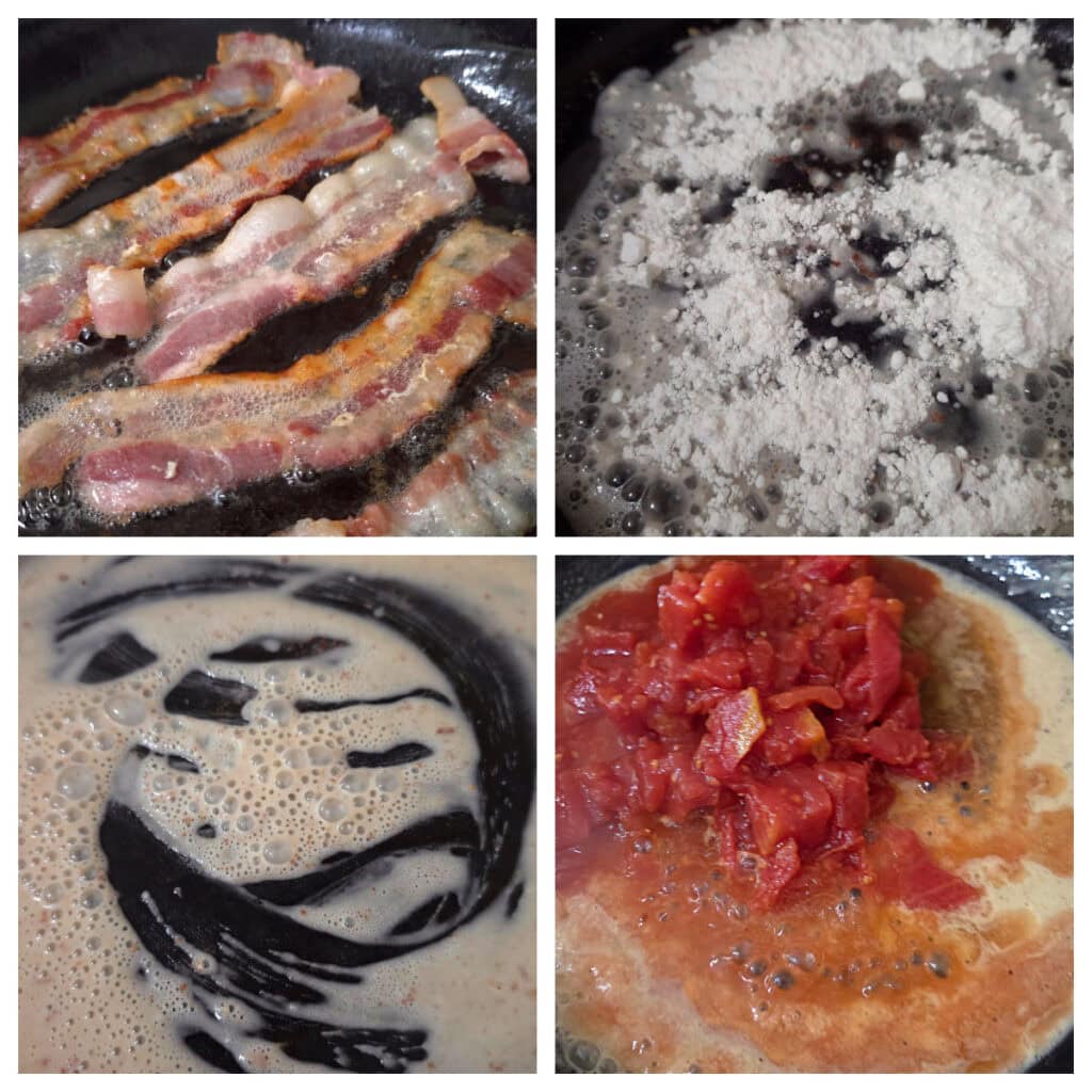 Collage showing the step by step process for preparing Southern Tomato Gravy
