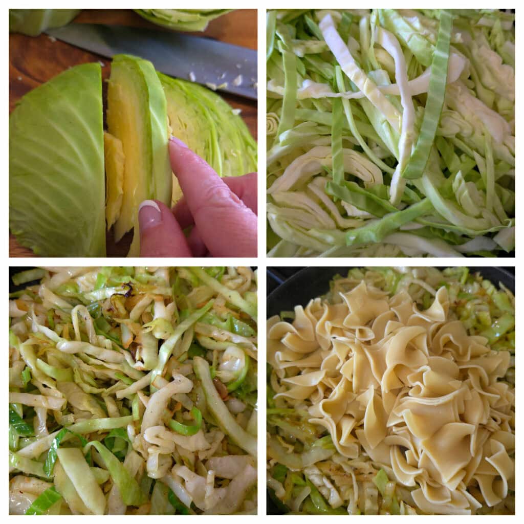 Steps for preparing cabbage and noodles photo collage