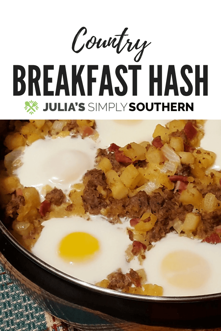Country Breakfast Hash has all of the good stuff: Hash brown potatoes, country ham, sausage and eggs. Perfect when you have guests. #breakfast #breakfastrecipes #brunch