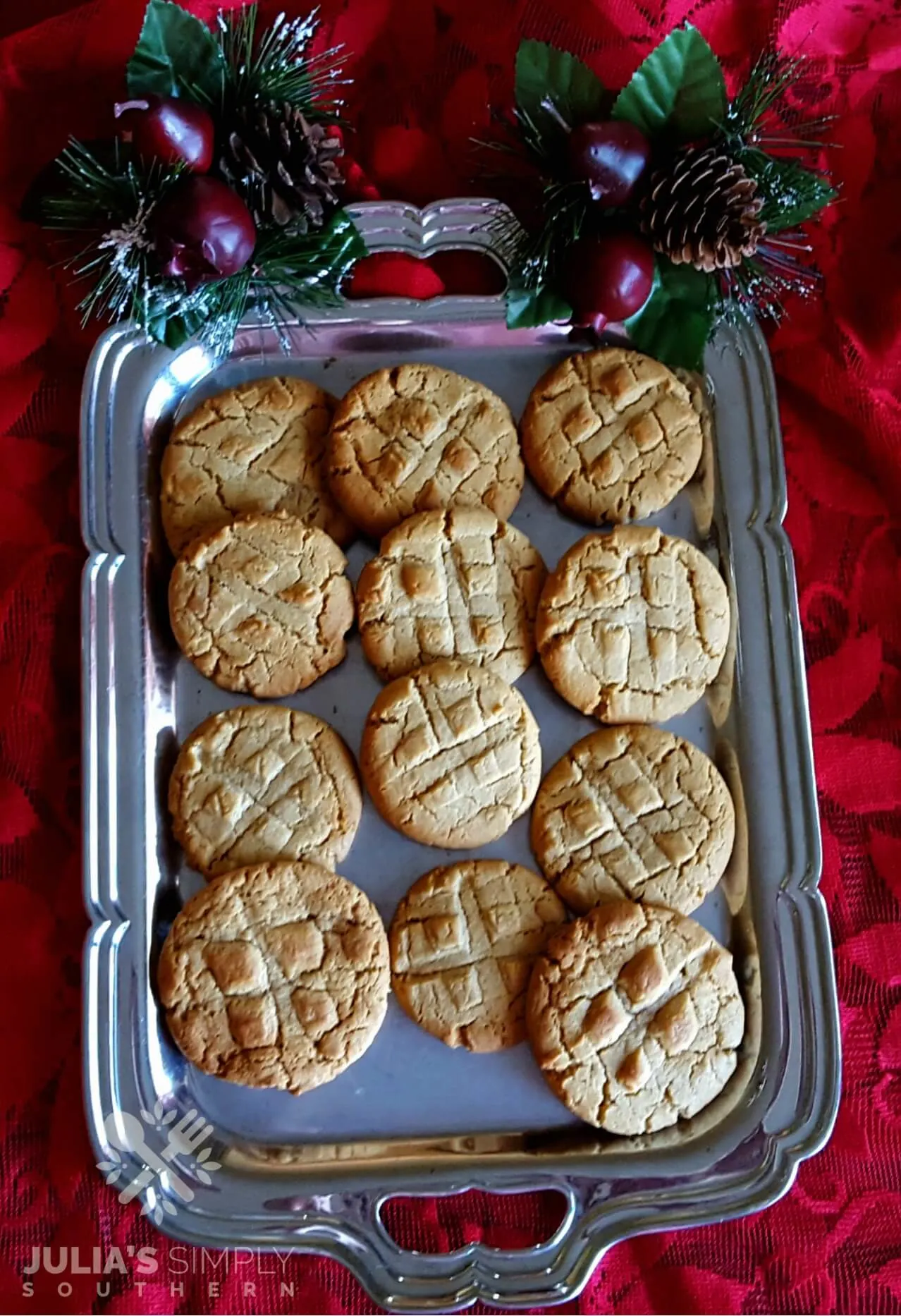 Peanut Butter cookies for Christmas on a silver platter
