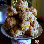 Red & White Christmas Platter Pedestal with Cream Cheesy Cheddar Sausage Balls