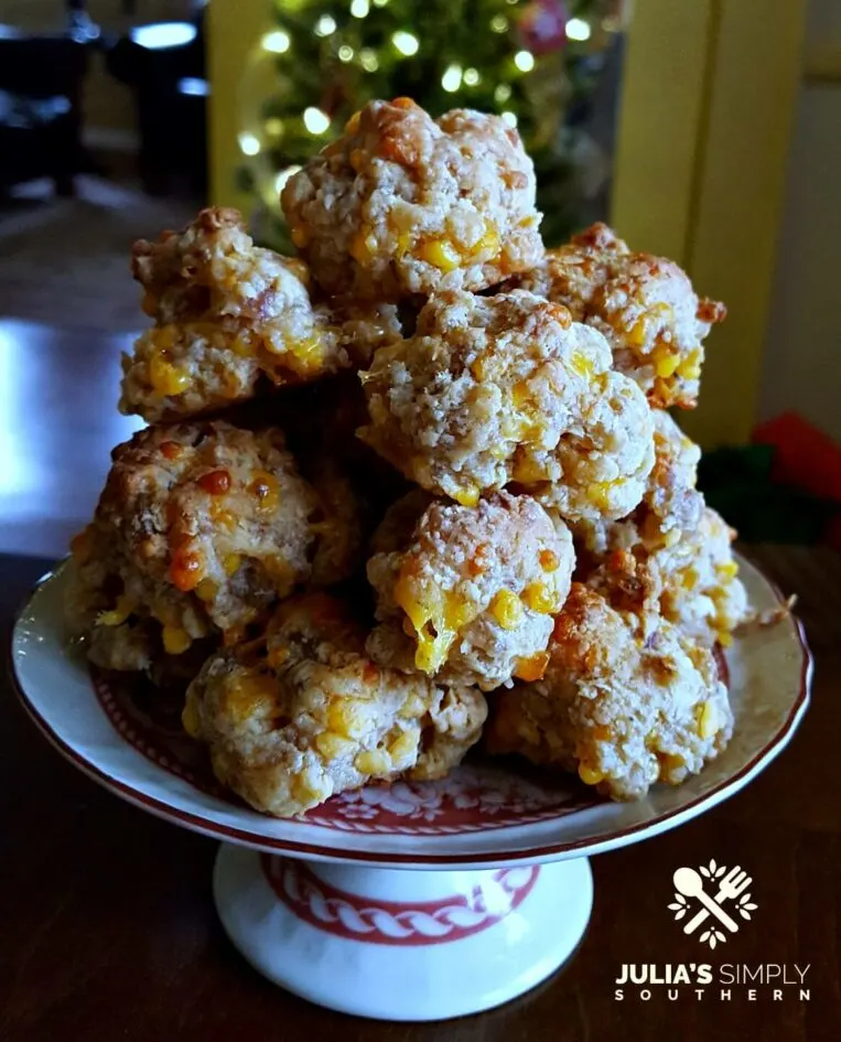 Red & White Christmas Platter Pedestal with Cream Cheesy Cheddar Sausage Balls