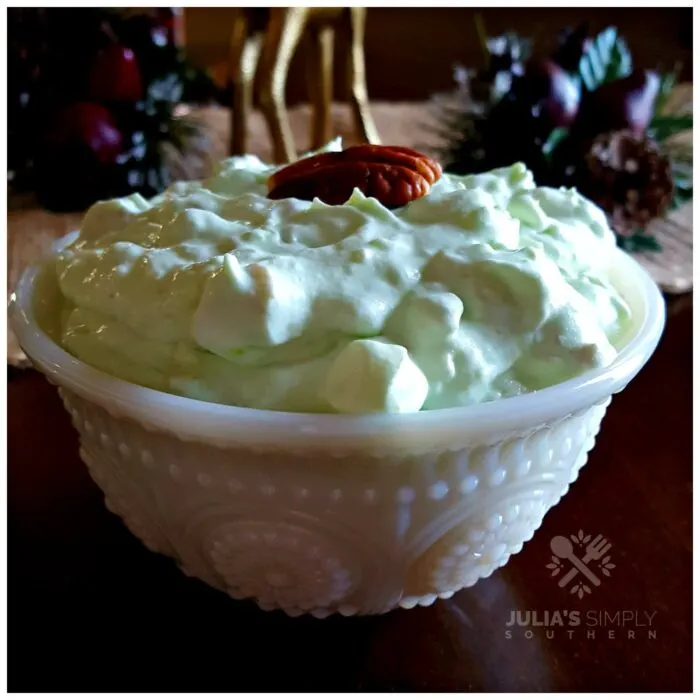 Classic Watergate Salad in a white milk glass bowl