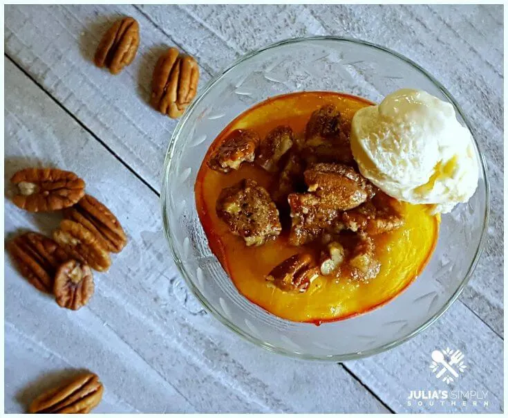 Fresh Peaches Dessert - Bourbon baked peaches - Julia's Simply Southern