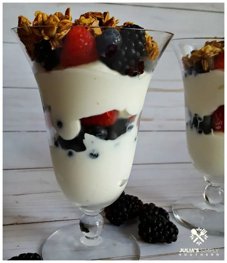 Layered fruit and yogurt parfaits with granola topping in a parfait glass
