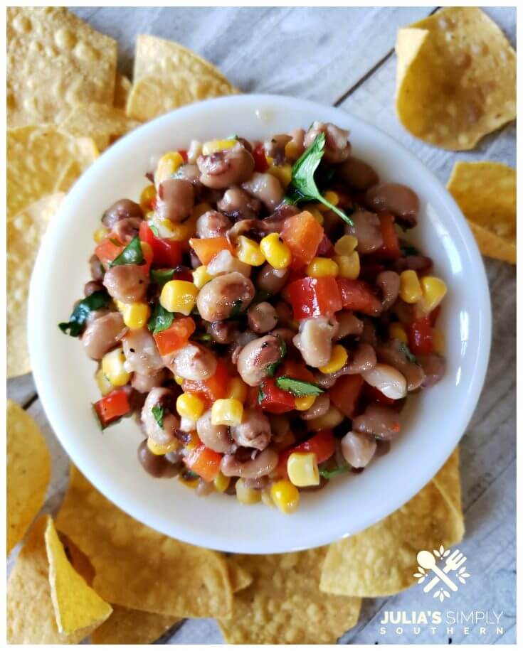 Delicious and easy black eyed pea dip or salsa served with fresh tortilla chips