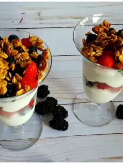 Recipe for fruit parfaits - served in parfait glasses using fresh fruit, yogurt and granola - Julia's Simply Southern
