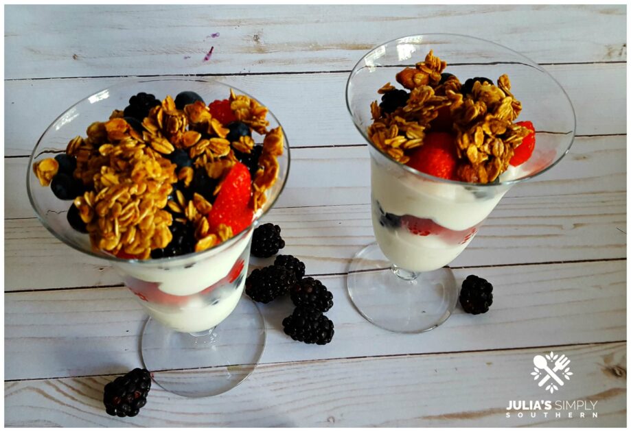 Recipe for fruit parfaits - served in parfait glasses using fresh fruit, yogurt and granola - Julia's Simply Southern