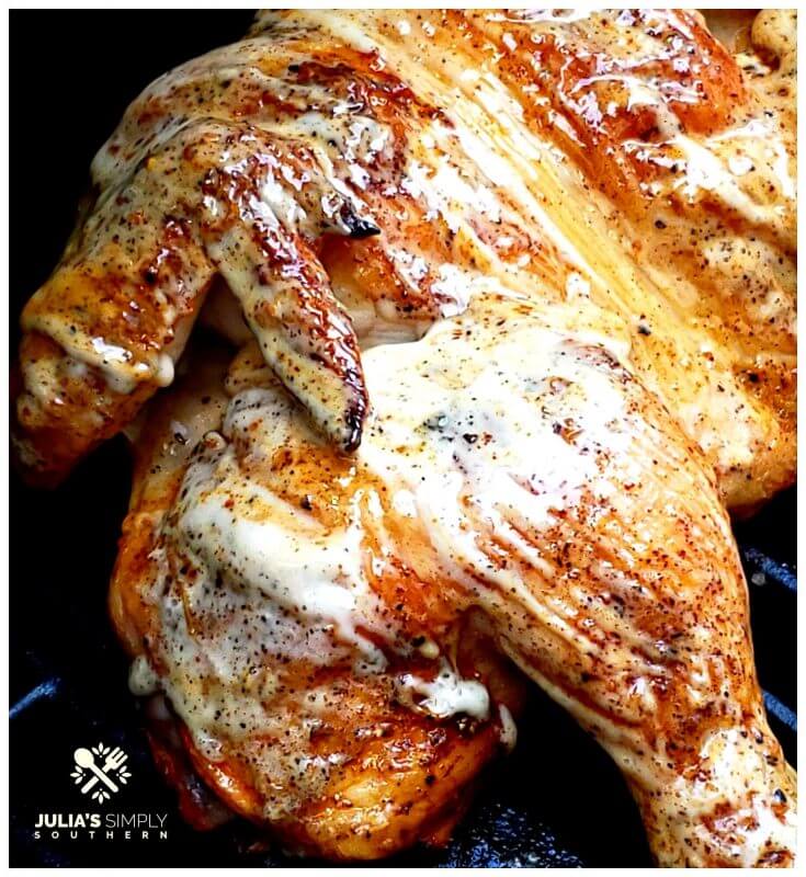 A whole chicken that has been cooked spatchcock style on a gas grill finished with Alabama white barbecue sauce