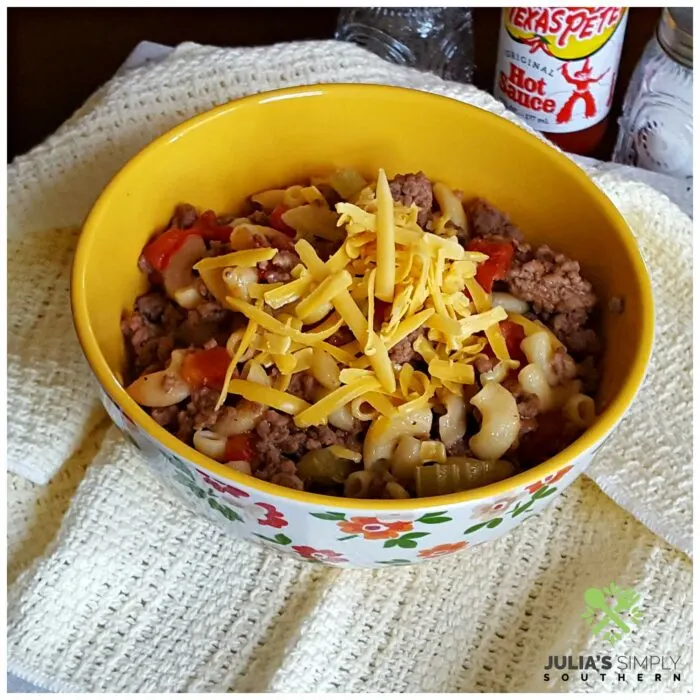 Easy Old Fashioned Goulash served in a bowl from the Pioneer Woman collection