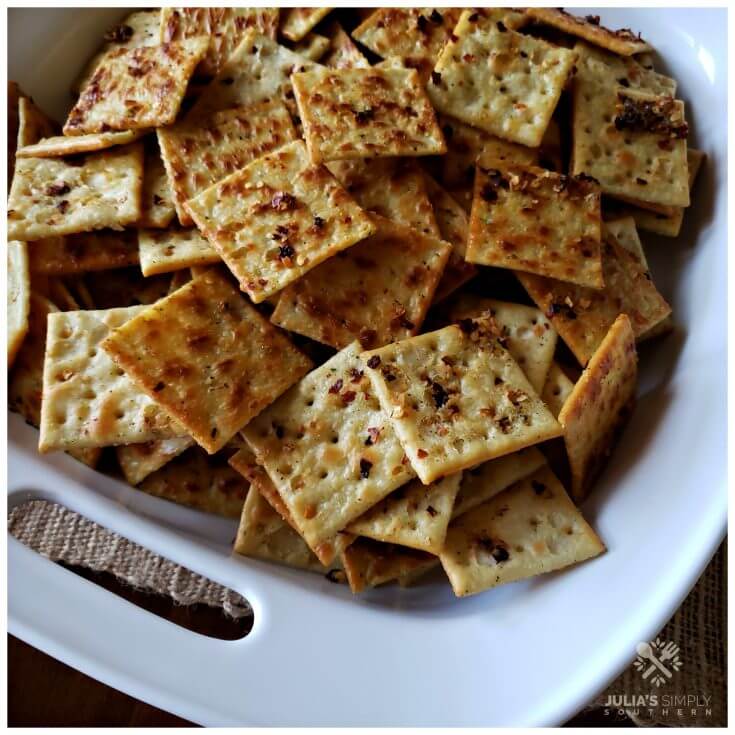 Southern baked seasoned party crackers - Fire Crackers - in a white serving bowl