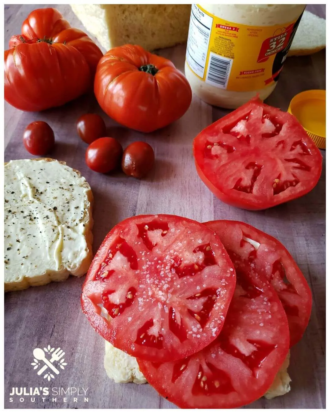Vine Ripe Tomato Sandwich on white bread with mayonnaise, salt and pepper
