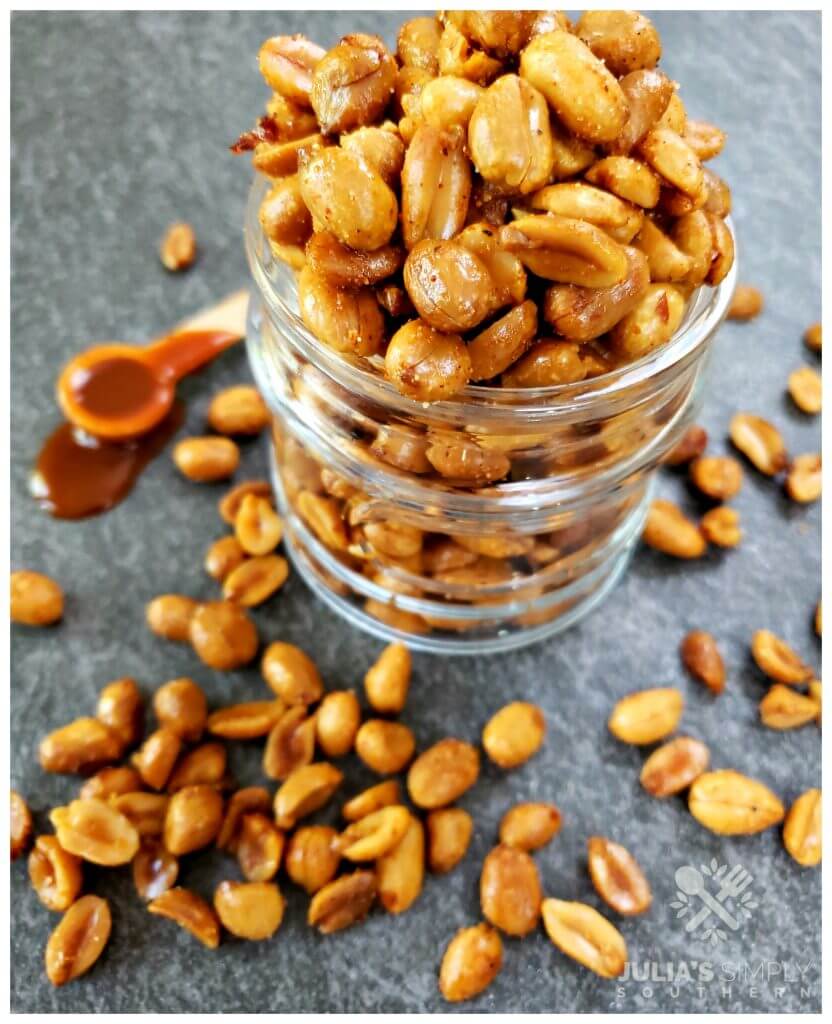 An easy appetizer party food with nuts. Serve delicious bbq peanuts that are a mix of smokey, sweet and spicy that guests will love.