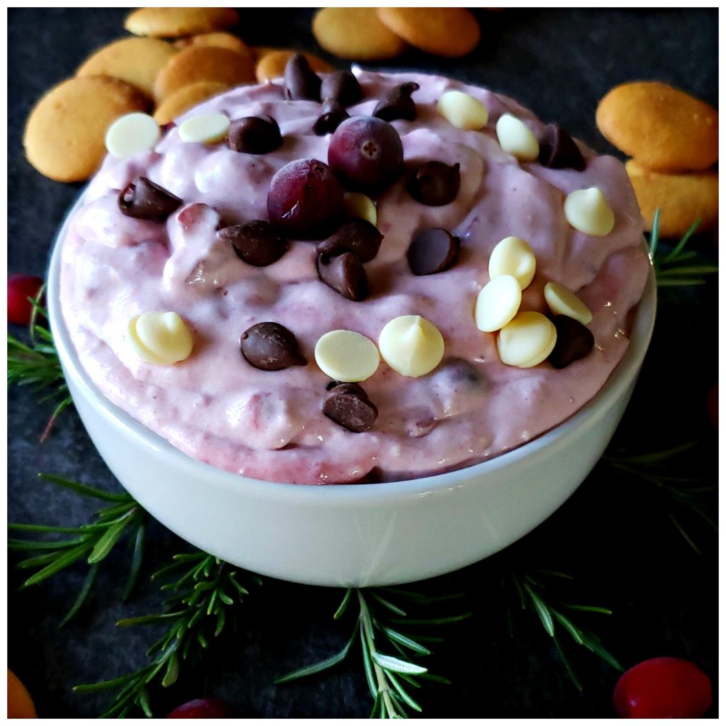 Christmas party dip made with cranberry sauce and cream cheese