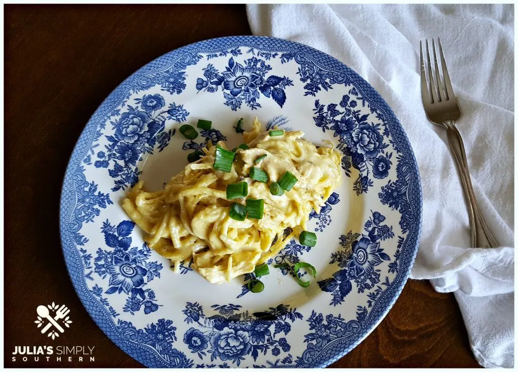 Crock Pot Chicken Recipes on a blue and white vintage plate