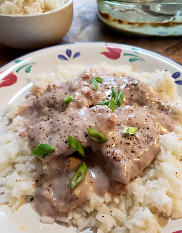 Easy Baked Cubed Beef Steak smothered in creamy mushroom gravy