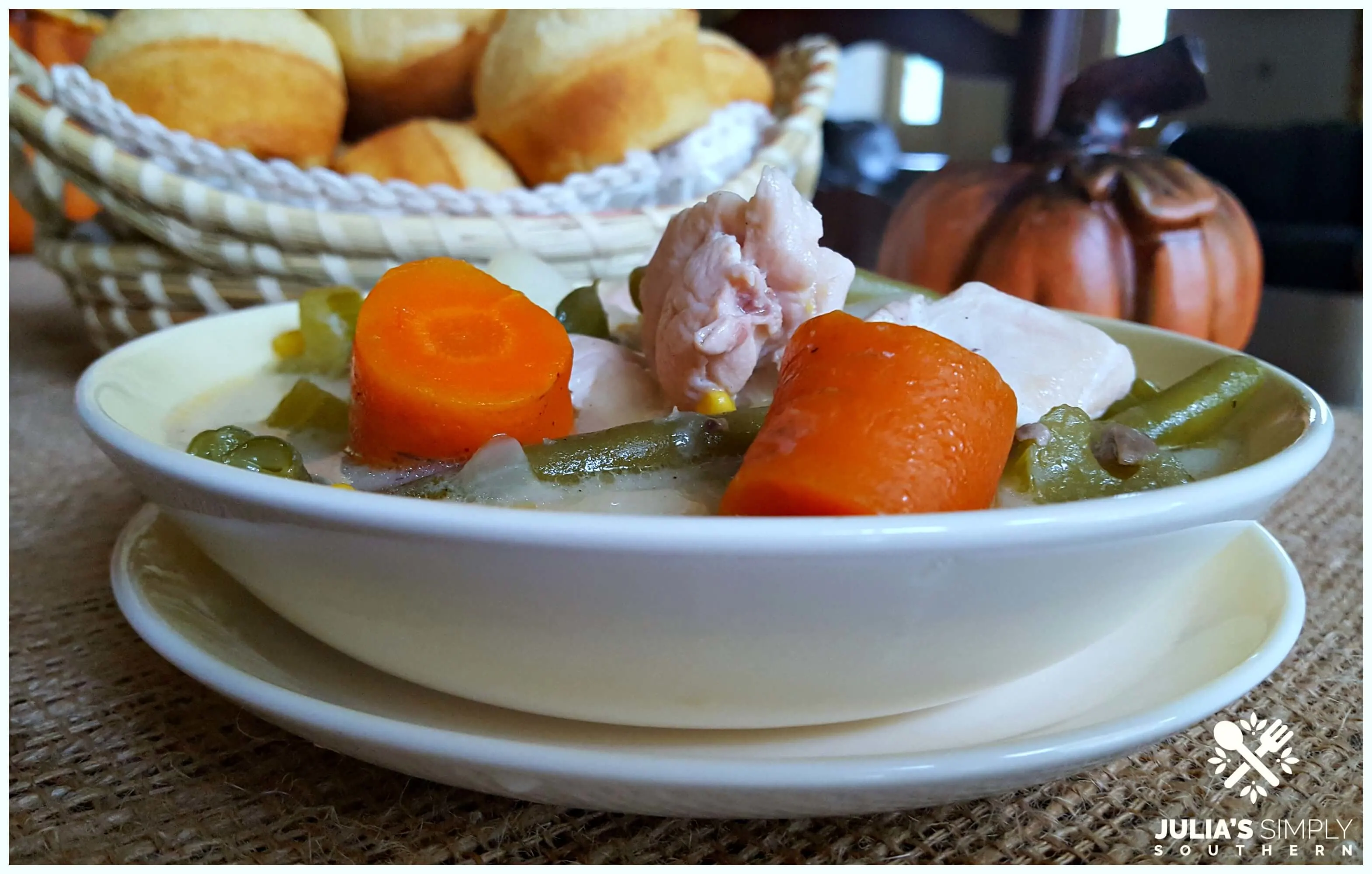 Chunky Chicken Stew served in a vintage soup bowl