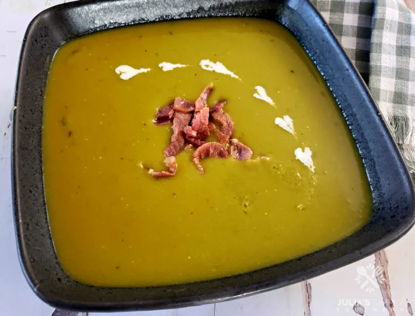 Easy split pea soup recipe with country ham in a bowl