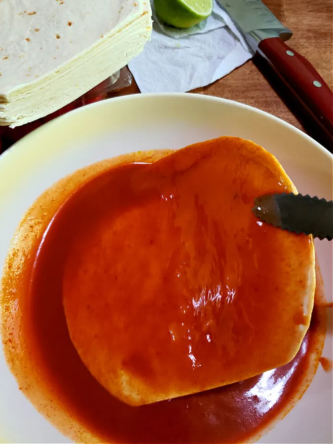 Coating Flour Tortillas in Enchilada Sauce