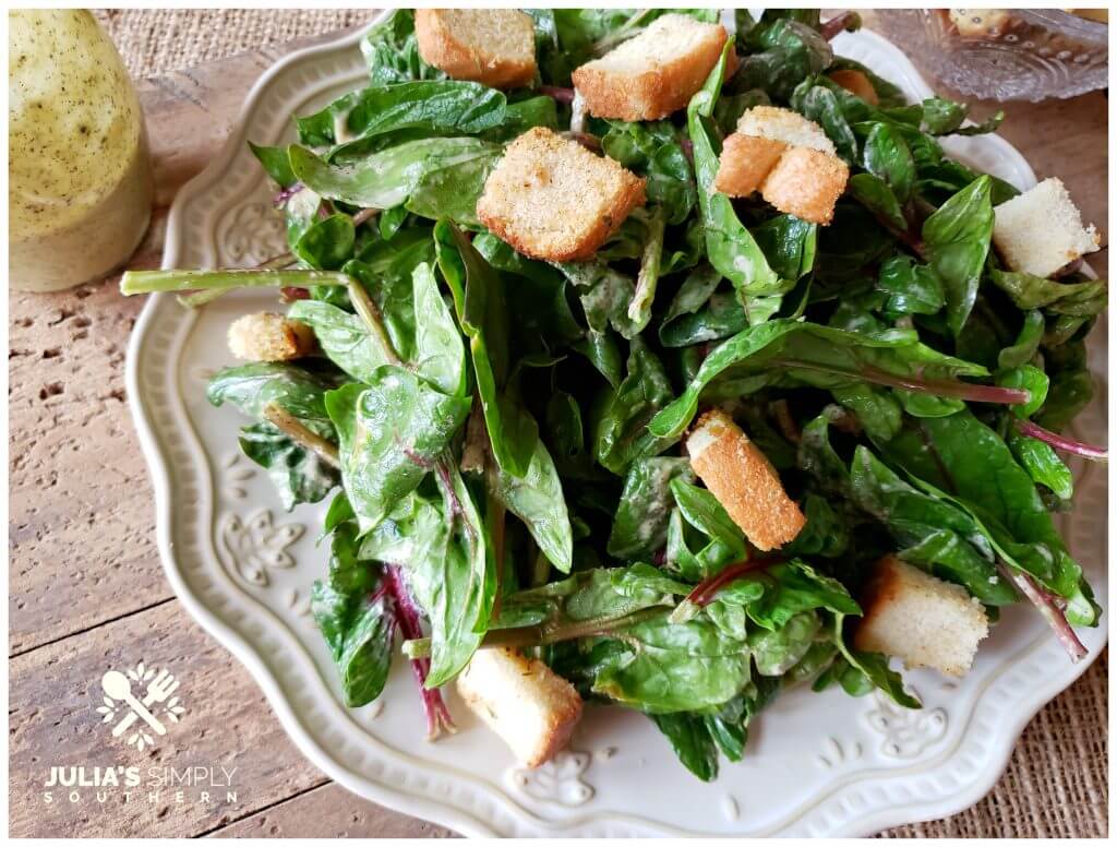 baby kale salad with fresh croutons