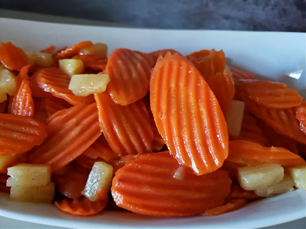 Pineapple Tidbits with Carrot Chips with glaze and spice