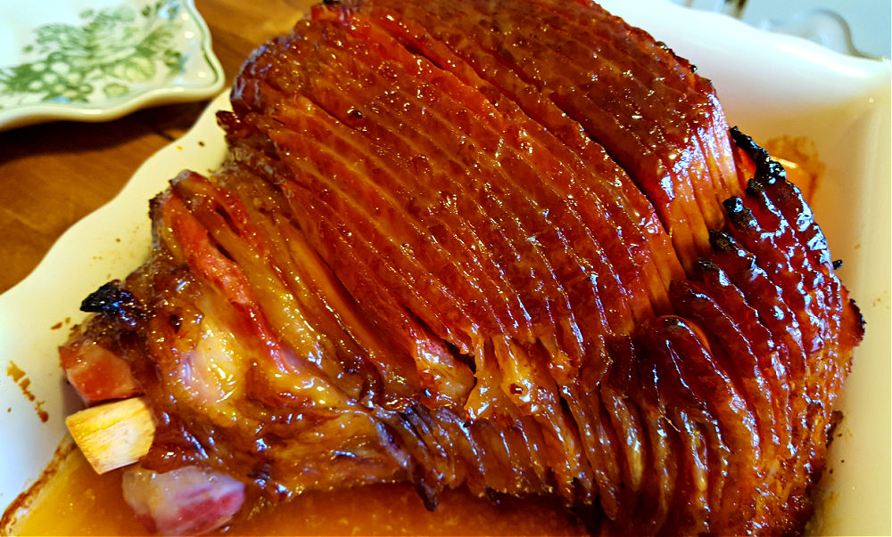 Easter Ham with Glaze - spiral sliced in a baking dish
