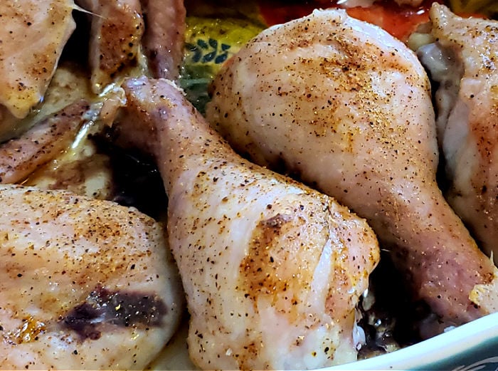 Baked Chicken Pieces in a rectangle baking dish - classic Southern Baked Chicken Recipe