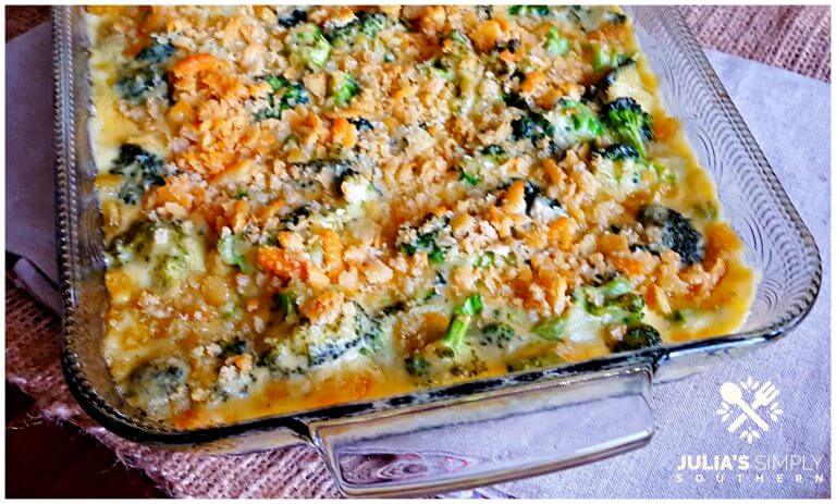 Broccoli Cheese Bake Side Dish using fresh broccoli in a glass casserole dish