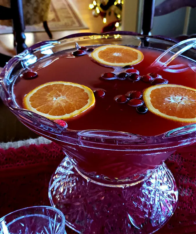 Dublin Crystal Punch bowl filled with Christmas Cranberry Punch