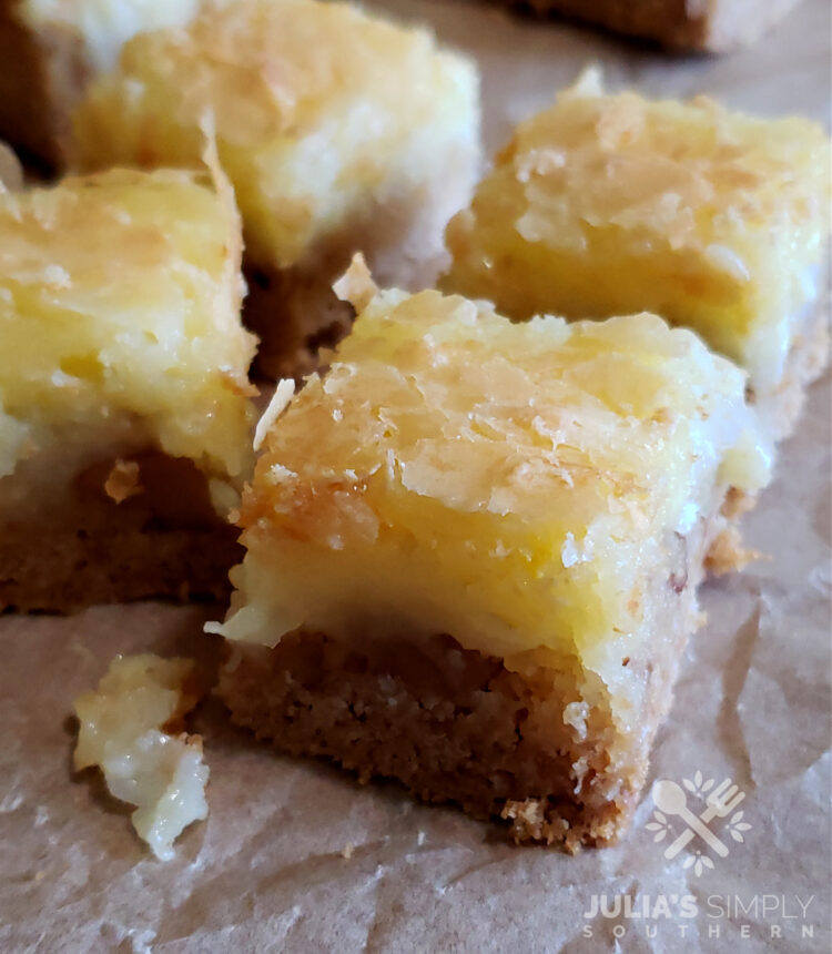 Delicious gooey bars with pecan and coconut dessert