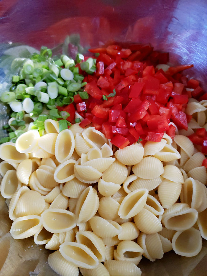 Mixing bowl with cooked shell pasta, red bell pepper, and green onions