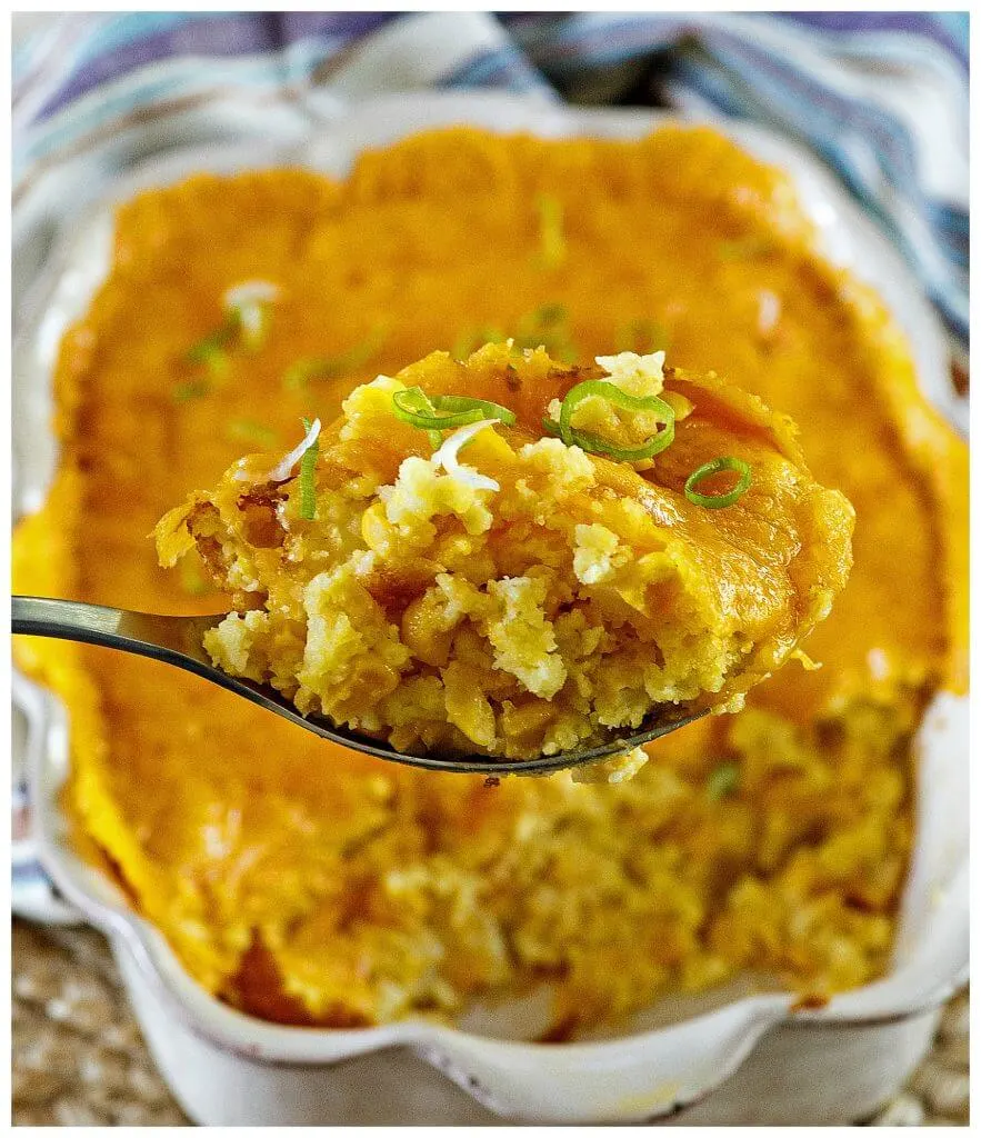 Serving of classic corn casserole side dish recipe