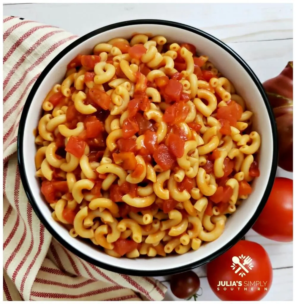 Black and White Serving Bowl filled with a macaroni and tomatoes recipe
