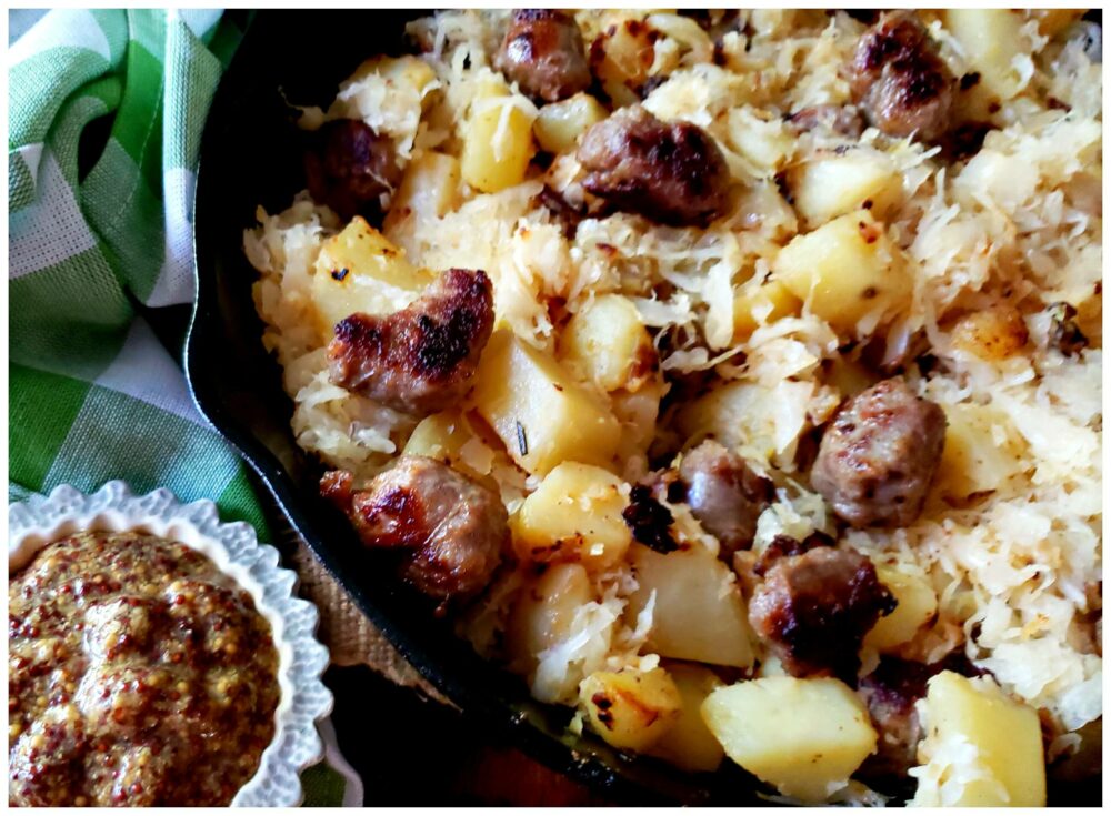 Bratwurst Potatoes and Sauerkraut Skillet Meal