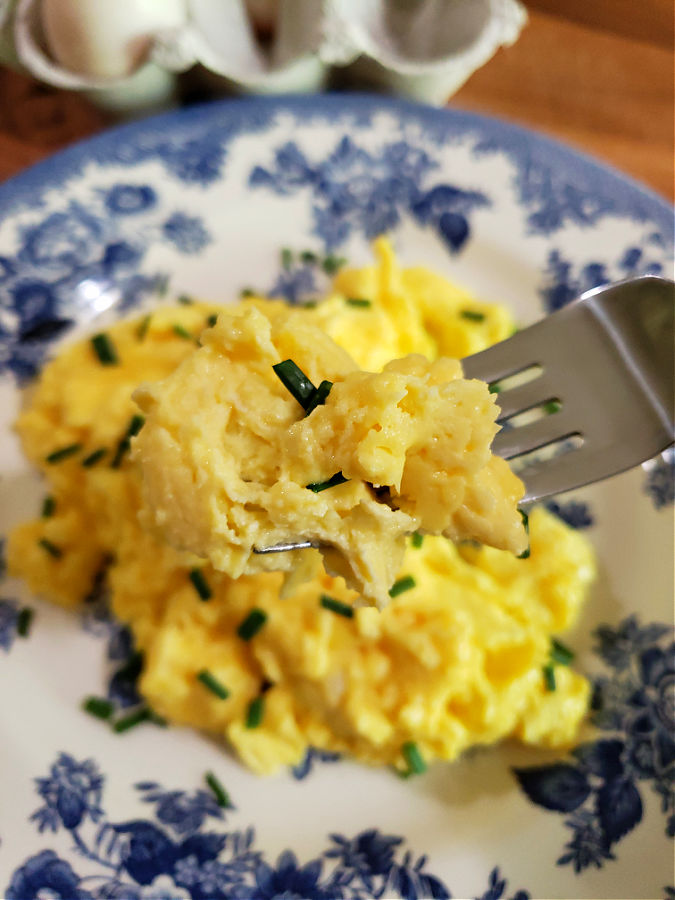 plate with scrambled duck eggs and digging in with a fork to eat